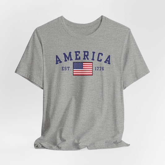 America Est 1776 Patriotic Unisex T-Shirt (Blue Letters) Celebrate Freedom and Liberty, USA Tee, Independence Day Shirt - Premium T-Shirt from Printify - Just $26.99! Shop now at Old Glory 1776 Apparel