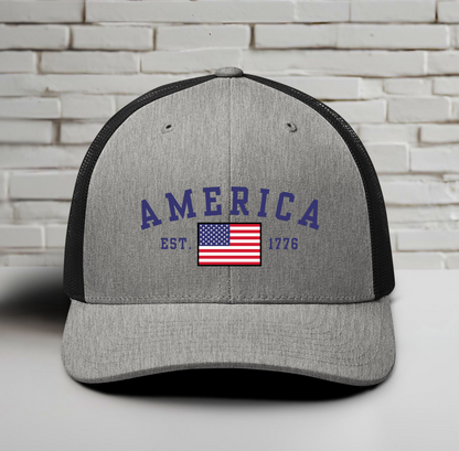 America Est. 1776 Trucker Hat – Blue Embroidery, Patriotic Cap for Proud Americans - Premium  from Old Glory 1776 Apparel - Just $29.99! Shop now at Old Glory 1776 Apparel