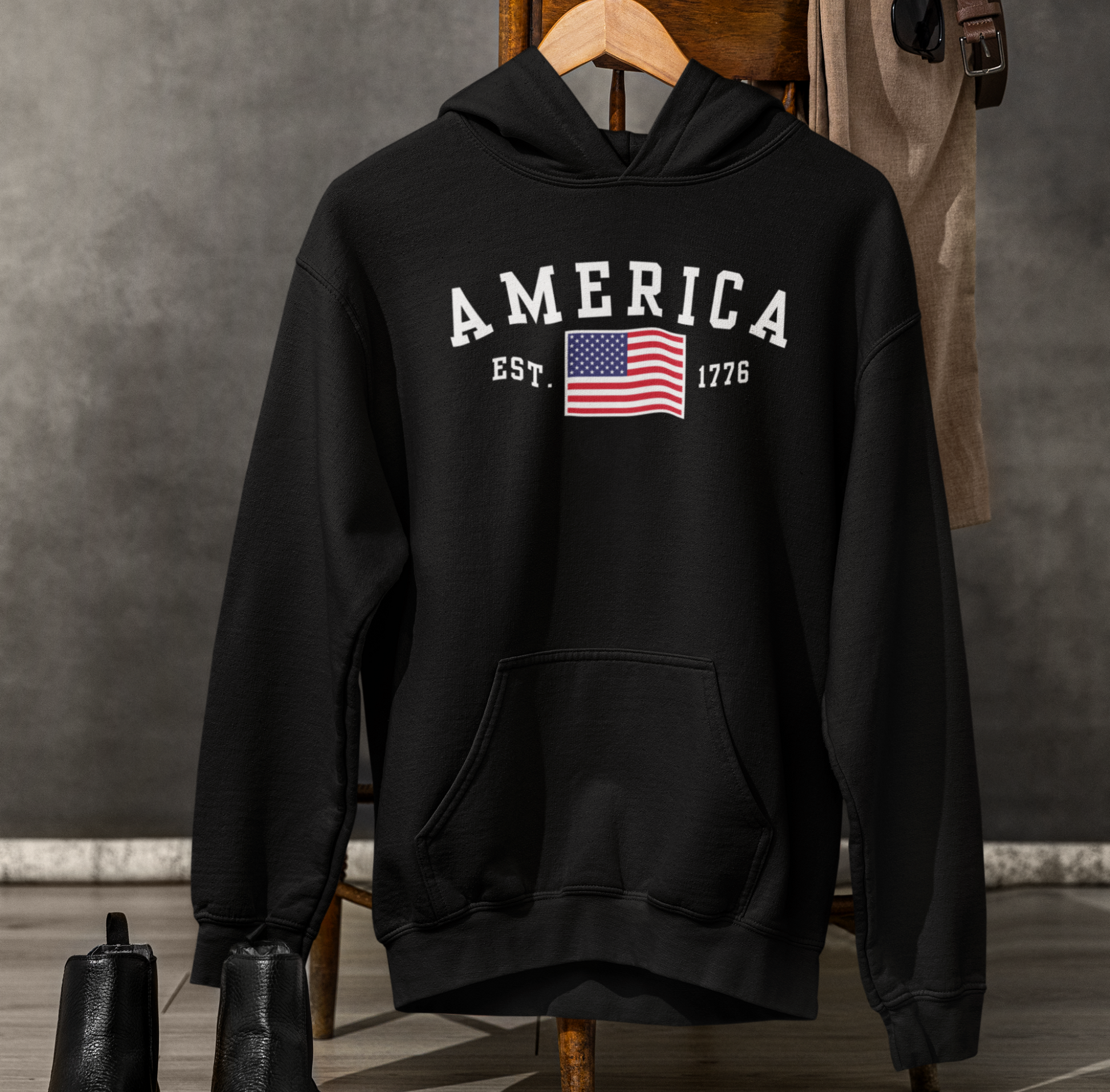 America Est 1776 Unisex Hoodie, Patriotic Sweatshirt, USA Pride Hooded Sweatshirt, Independence Day Gift, American Pride - Premium Hoodie from Old Glory 1776 Apparel - Just $39.99! Shop now at Old Glory 1776 Apparel