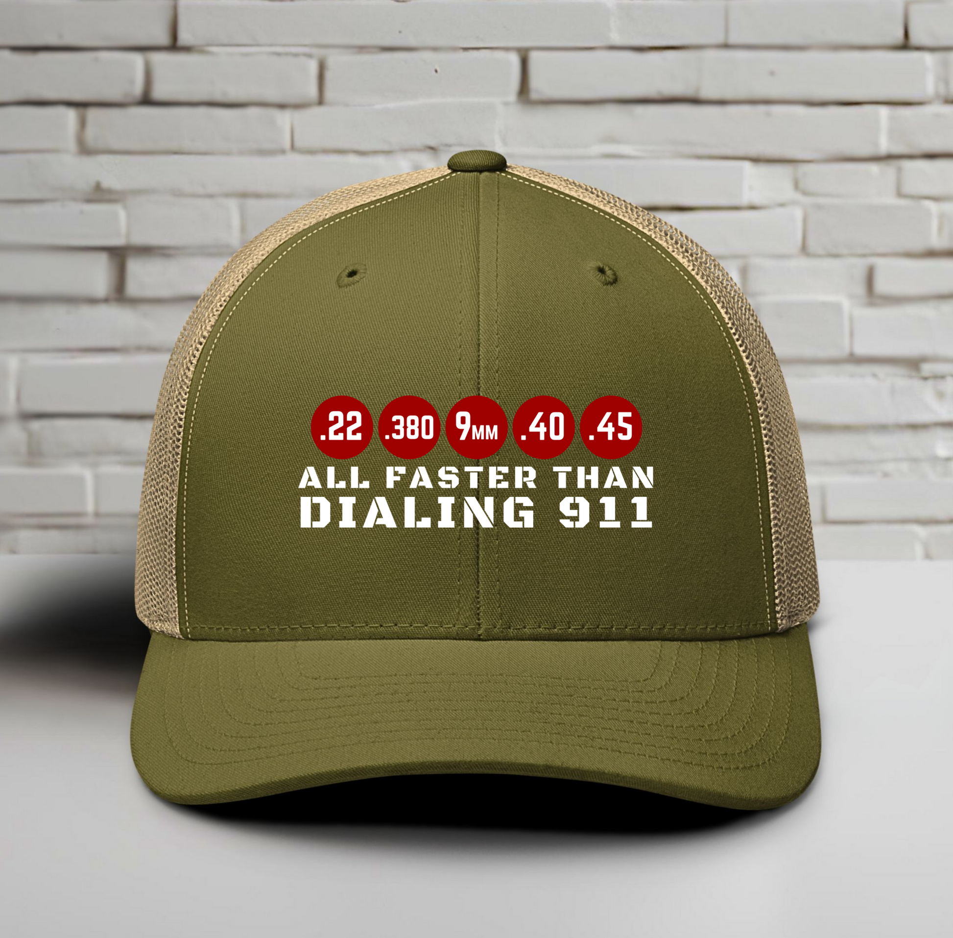 All Faster Than Dialing 911 Trucker Cap – 2nd Amendment Hat for Gun Owners - Premium Trucker Cap from Old Glory 1776 Apparel - Just $29.99! Shop now at Old Glory 1776 Apparel