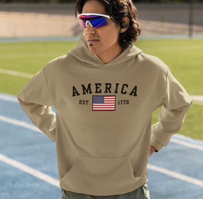 America Est 1776 Unisex Hoodie, Patriotic Sweatshirt, USA Pride Hooded Sweatshirt, Independence Day Gift, American Pride - Premium Hoodie from Old Glory 1776 Apparel - Just $39.99! Shop now at Old Glory 1776 Apparel