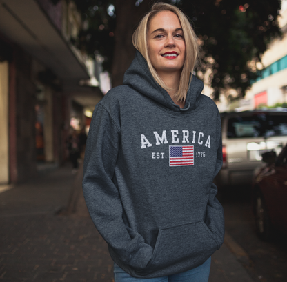 America Est 1776 Unisex Hoodie, Patriotic Sweatshirt, USA Pride Hooded Sweatshirt, Independence Day Gift, American Pride - Premium Hoodie from Old Glory 1776 Apparel - Just $39.99! Shop now at Old Glory 1776 Apparel