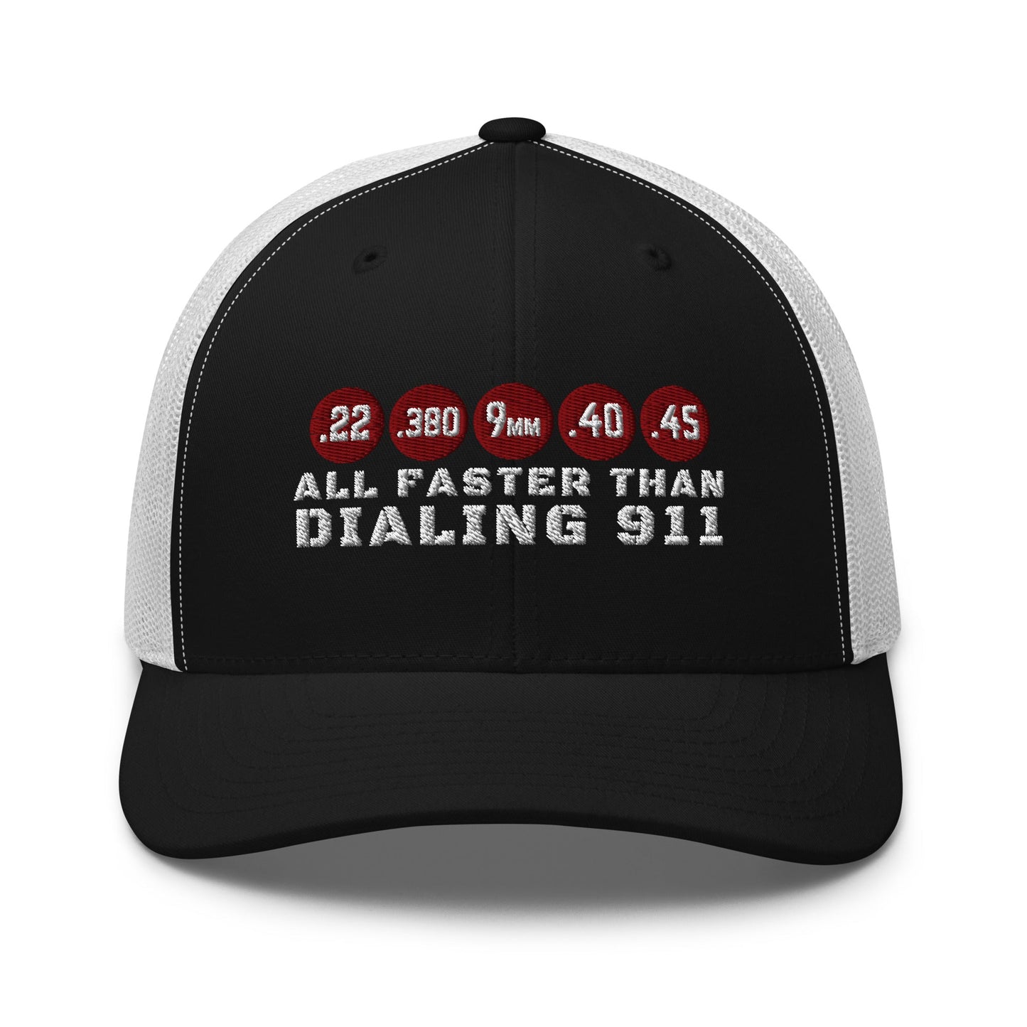 All Faster Than Dialing 911 Trucker Cap – 2nd Amendment Hat for Gun Owners - Premium Trucker Cap from Old Glory 1776 Apparel - Just $29.99! Shop now at Old Glory 1776 Apparel