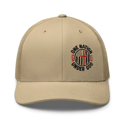 One Nation Under God Trucker Hat – Patriotic Flag and Cross Design - Premium Trucker Cap from Old Glory 1776 Apparel - Just $29.99! Shop now at Old Glory 1776 Apparel