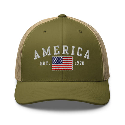 America Est. 1776 Trucker Hat – Patriotic Cap for Proud Americans - Premium Trucker Cap from Old Glory 1776 Apparel - Just $29.99! Shop now at Old Glory 1776 Apparel