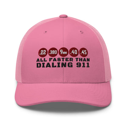 All Faster Than Dialing 911 Trucker Cap – 2nd Amendment Hat for Gun Owners - Premium Trucker Cap from Old Glory 1776 Apparel - Just $29.99! Shop now at Old Glory 1776 Apparel