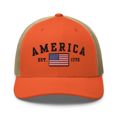 America Est. 1776 Trucker Hat – Patriotic Cap for Proud Americans - Premium Trucker Cap from Old Glory 1776 Apparel - Just $29.99! Shop now at Old Glory 1776 Apparel