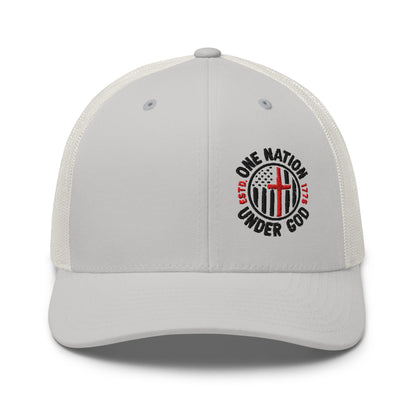 One Nation Under God Trucker Hat – Patriotic Flag and Cross Design - Premium Trucker Cap from Old Glory 1776 Apparel - Just $29.99! Shop now at Old Glory 1776 Apparel