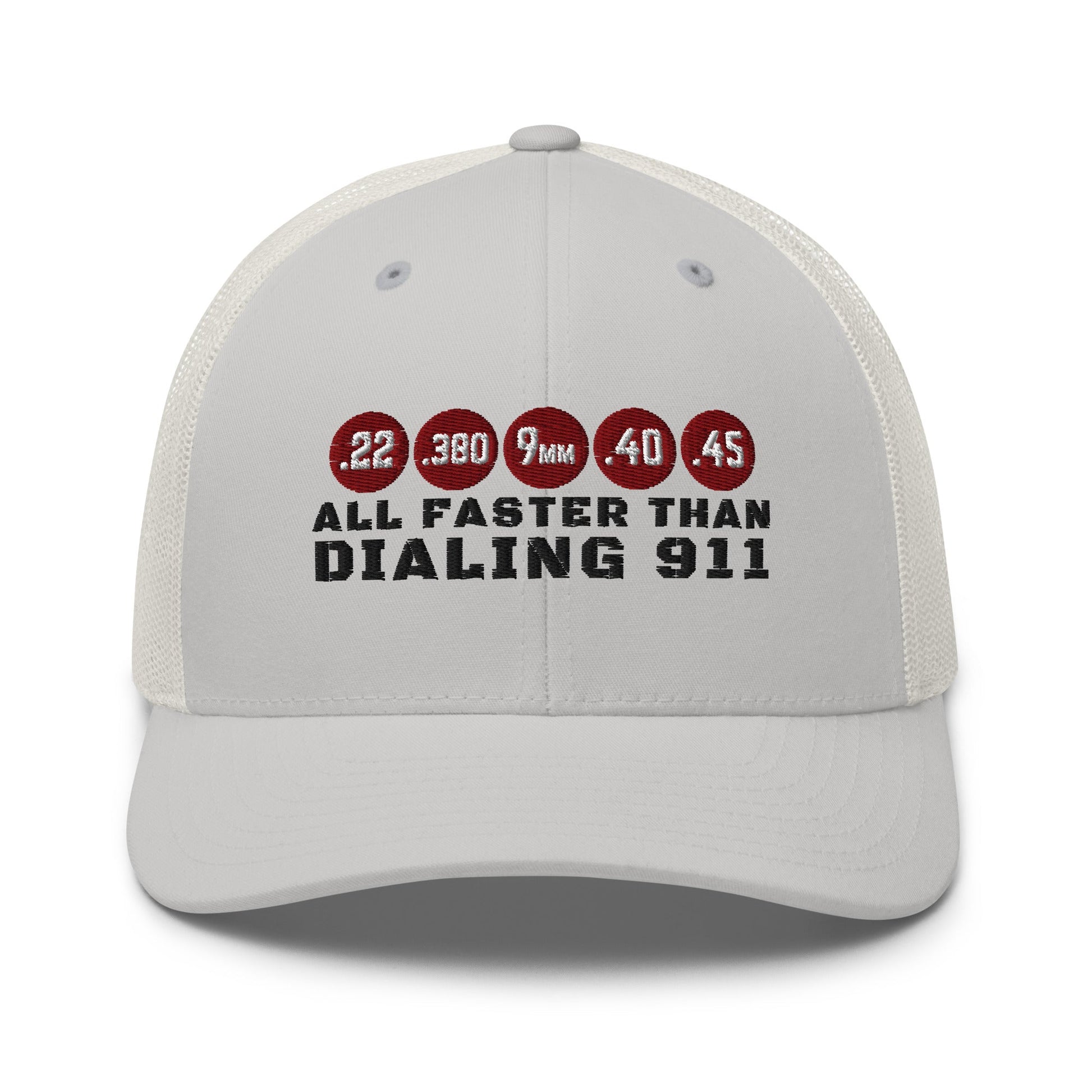 All Faster Than Dialing 911 Trucker Cap – 2nd Amendment Hat for Gun Owners - Premium Trucker Cap from Old Glory 1776 Apparel - Just $29.99! Shop now at Old Glory 1776 Apparel