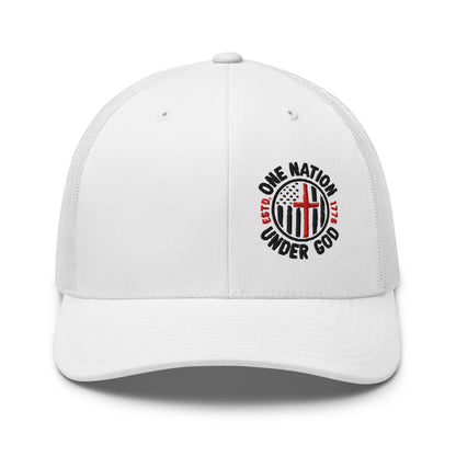 One Nation Under God Trucker Hat – Patriotic Flag and Cross Design - Premium Trucker Cap from Old Glory 1776 Apparel - Just $29.99! Shop now at Old Glory 1776 Apparel