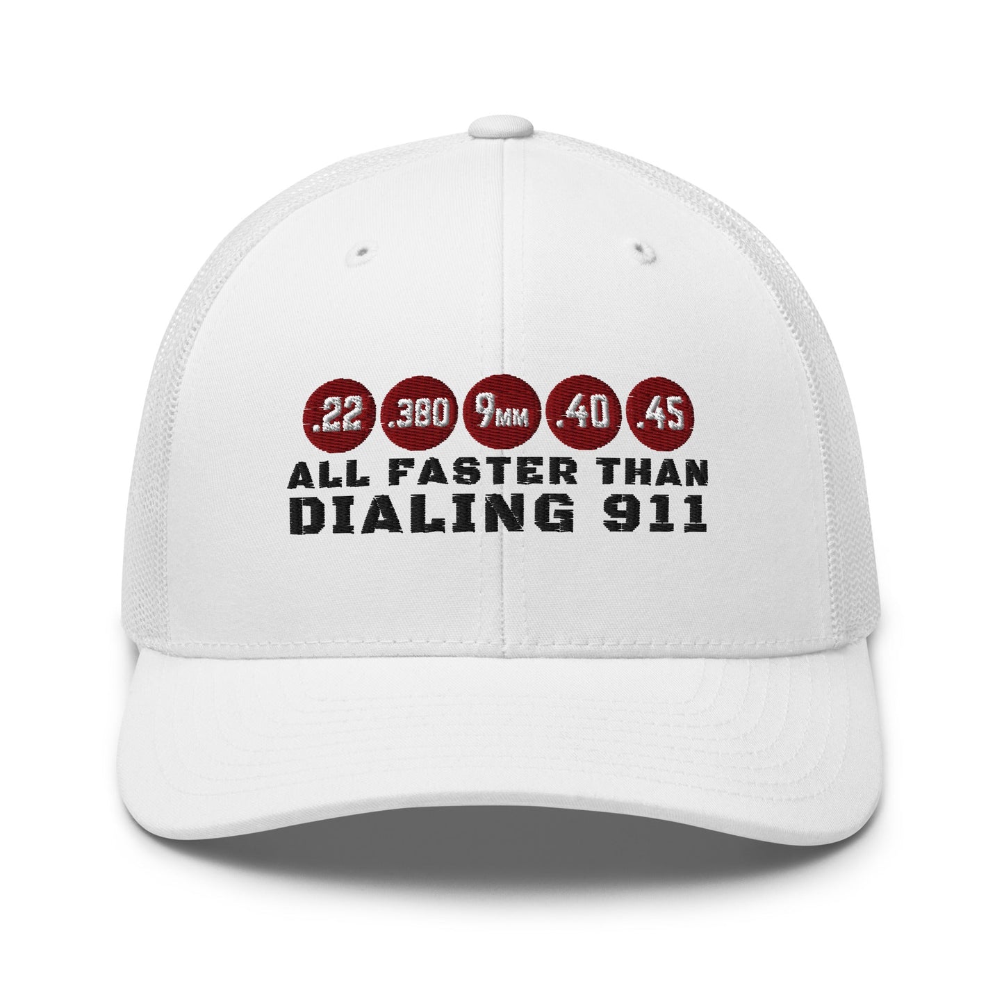 All Faster Than Dialing 911 Trucker Cap – 2nd Amendment Hat for Gun Owners - Premium Trucker Cap from Old Glory 1776 Apparel - Just $29.99! Shop now at Old Glory 1776 Apparel