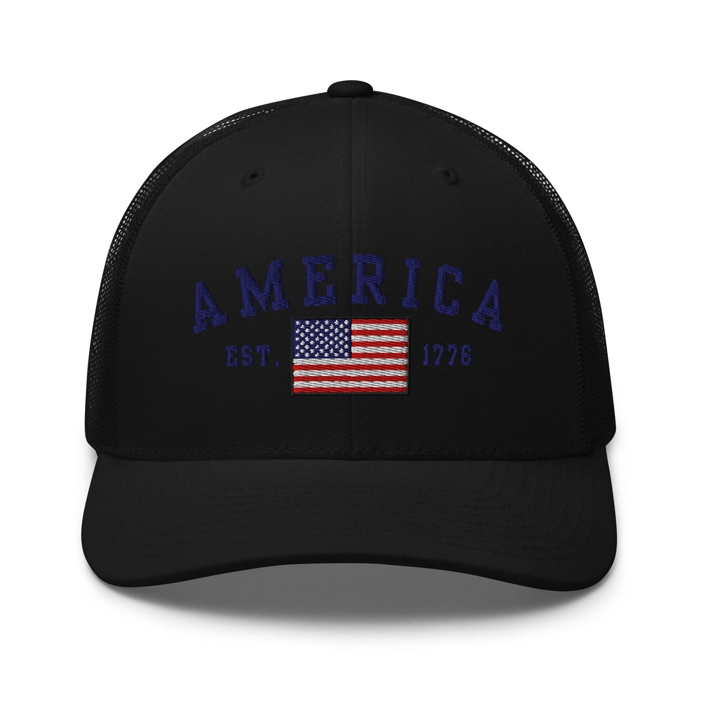 America Est. 1776 Trucker Hat – Blue Embroidery, Patriotic Cap for Proud Americans - Premium Trucker Cap from Old Glory 1776 Apparel - Just $29.99! Shop now at Old Glory 1776 Apparel