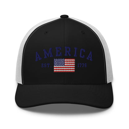 America Est. 1776 Trucker Hat – Blue Embroidery, Patriotic Cap for Proud Americans - Premium Trucker Cap from Old Glory 1776 Apparel - Just $29.99! Shop now at Old Glory 1776 Apparel