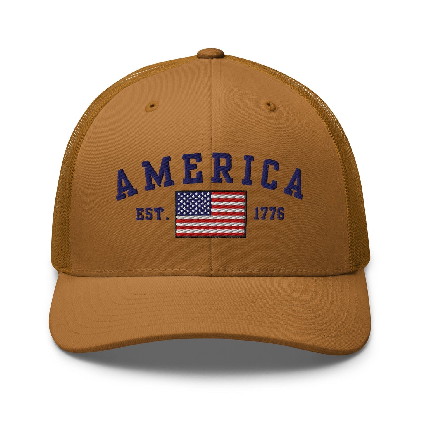 America Est. 1776 Trucker Hat – Blue Embroidery, Patriotic Cap for Proud Americans - Premium Trucker Cap from Old Glory 1776 Apparel - Just $29.99! Shop now at Old Glory 1776 Apparel