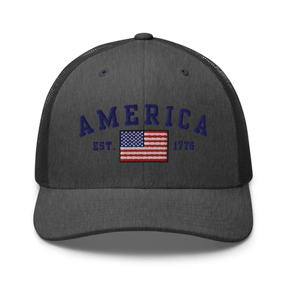 America Est. 1776 Trucker Hat – Blue Embroidery, Patriotic Cap for Proud Americans - Premium Trucker Cap from Old Glory 1776 Apparel - Just $29.99! Shop now at Old Glory 1776 Apparel