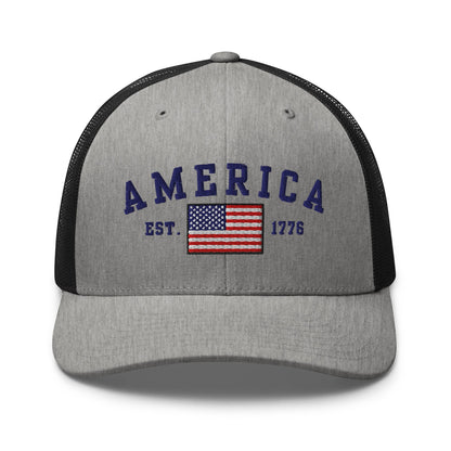 America Est. 1776 Trucker Hat – Blue Embroidery, Patriotic Cap for Proud Americans - Premium Trucker Cap from Old Glory 1776 Apparel - Just $29.99! Shop now at Old Glory 1776 Apparel