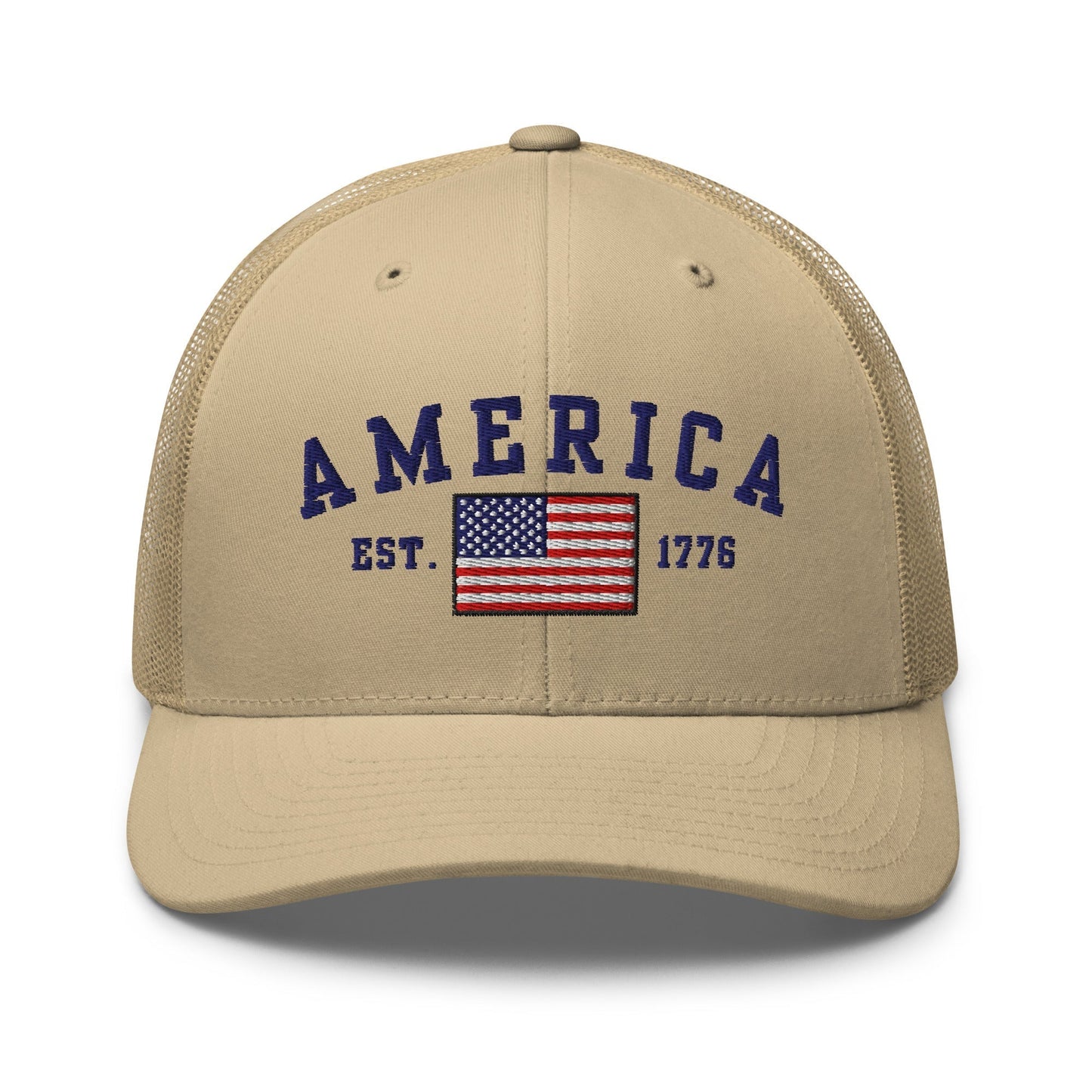 America Est. 1776 Trucker Hat – Blue Embroidery, Patriotic Cap for Proud Americans - Premium Trucker Cap from Old Glory 1776 Apparel - Just $29.99! Shop now at Old Glory 1776 Apparel