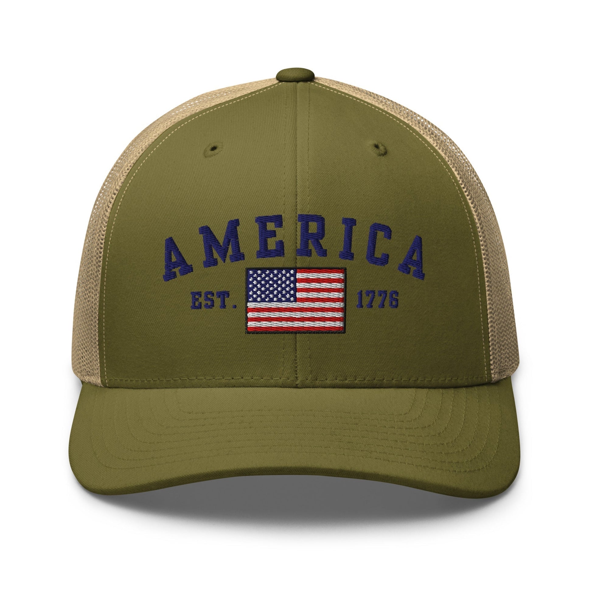 America Est. 1776 Trucker Hat – Blue Embroidery, Patriotic Cap for Proud Americans - Premium Trucker Cap from Old Glory 1776 Apparel - Just $29.99! Shop now at Old Glory 1776 Apparel