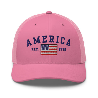 America Est. 1776 Trucker Hat – Blue Embroidery, Patriotic Cap for Proud Americans - Premium Trucker Cap from Old Glory 1776 Apparel - Just $29.99! Shop now at Old Glory 1776 Apparel