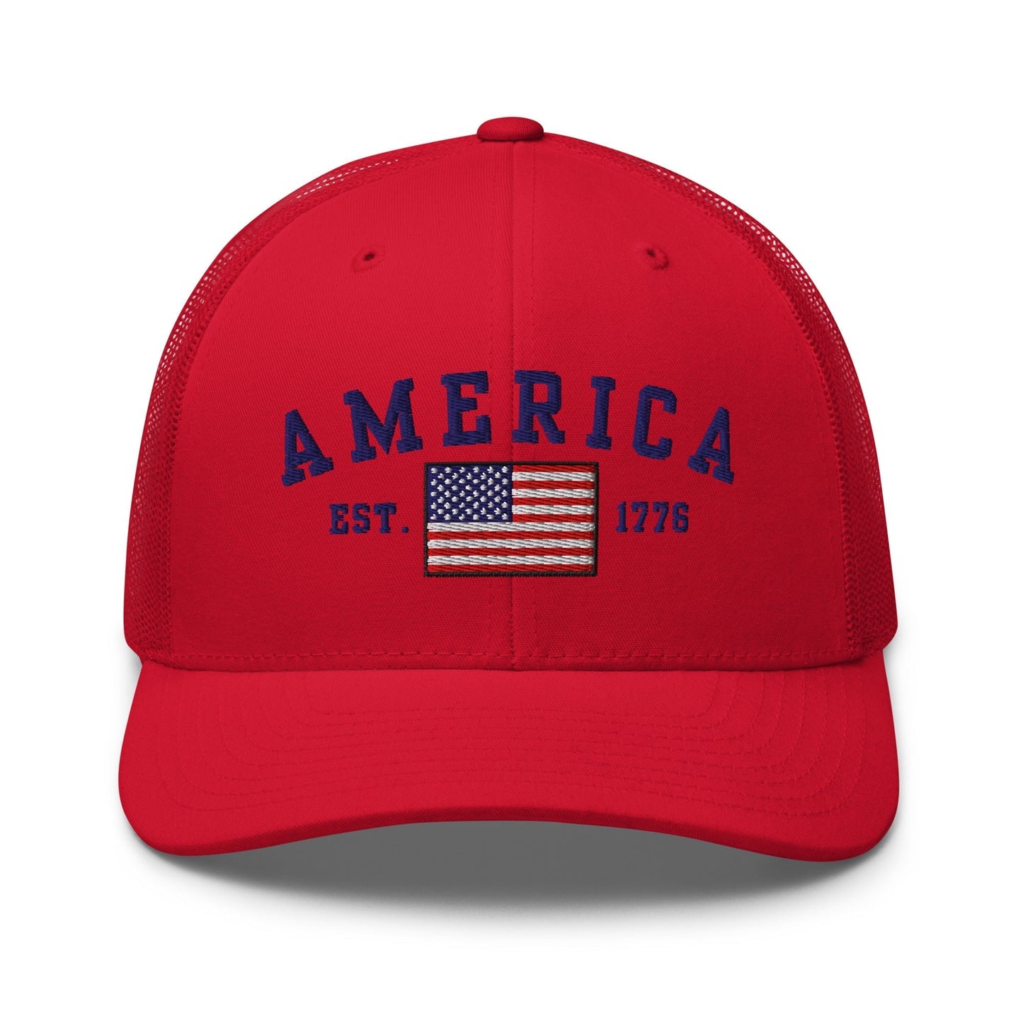 America Est. 1776 Trucker Hat – Blue Embroidery, Patriotic Cap for Proud Americans - Premium Trucker Cap from Old Glory 1776 Apparel - Just $29.99! Shop now at Old Glory 1776 Apparel