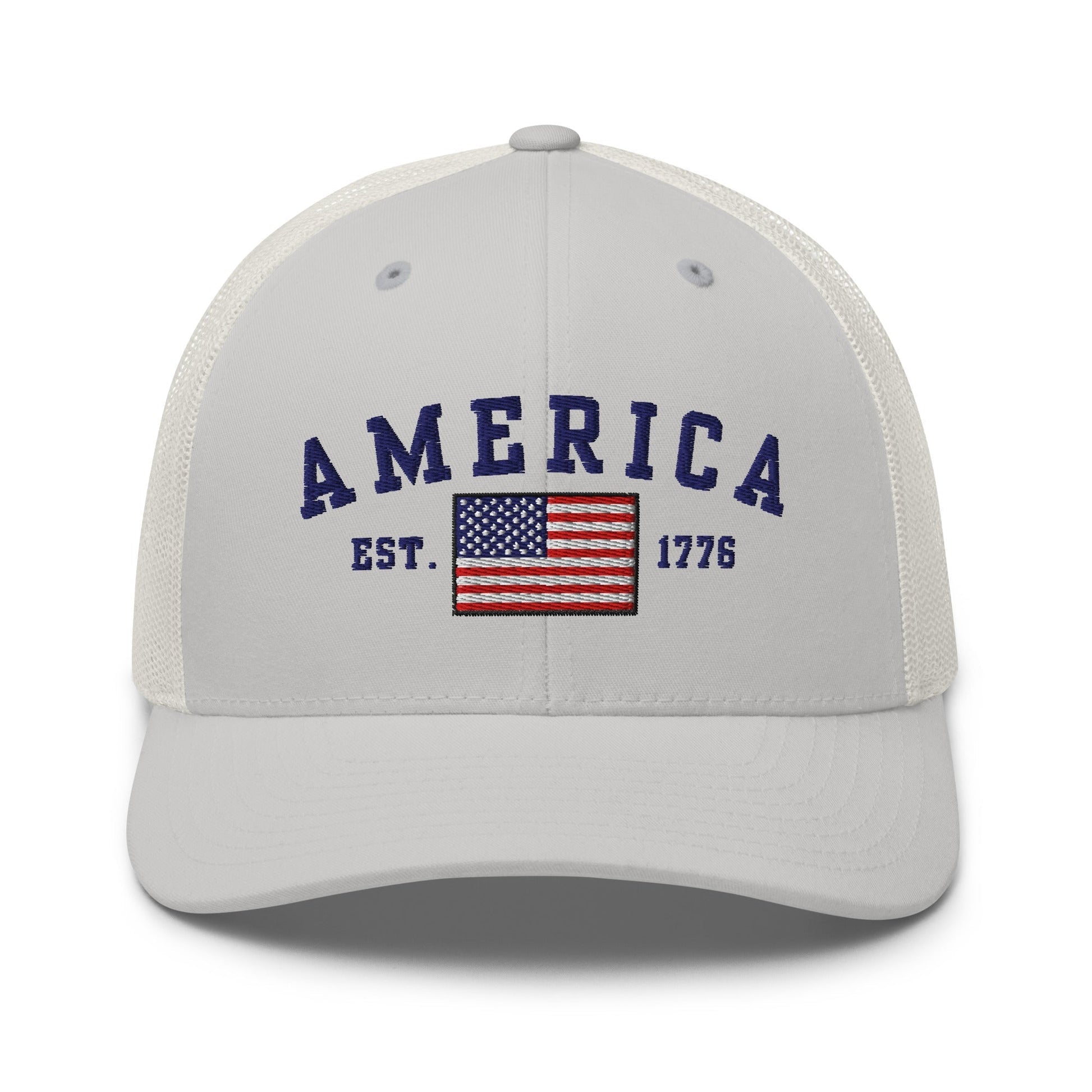 America Est. 1776 Trucker Hat – Blue Embroidery, Patriotic Cap for Proud Americans - Premium Trucker Cap from Old Glory 1776 Apparel - Just $29.99! Shop now at Old Glory 1776 Apparel