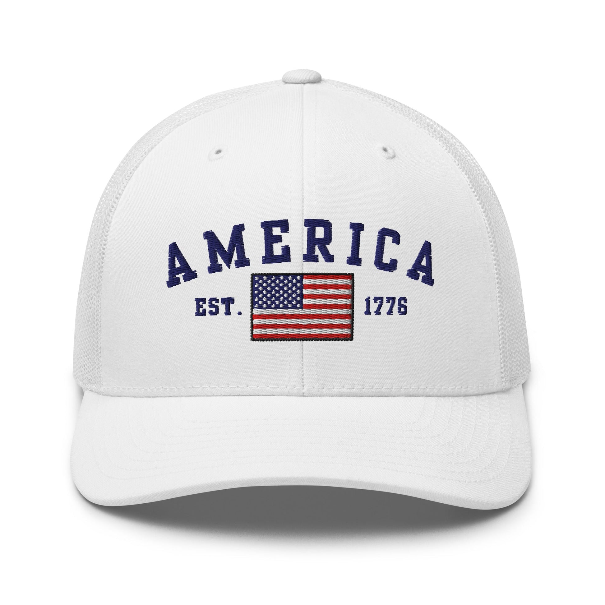 America Est. 1776 Trucker Hat – Blue Embroidery, Patriotic Cap for Proud Americans - Premium Trucker Cap from Old Glory 1776 Apparel - Just $29.99! Shop now at Old Glory 1776 Apparel